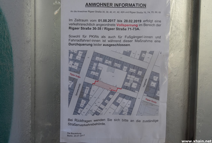 Rigaer Straße zwischen Samariter- und Voigtstraße bis 2019 voll gesperrt Rigaer Straße zwischen Samariter- und Voigtstraße bis 2019 voll gesperrt